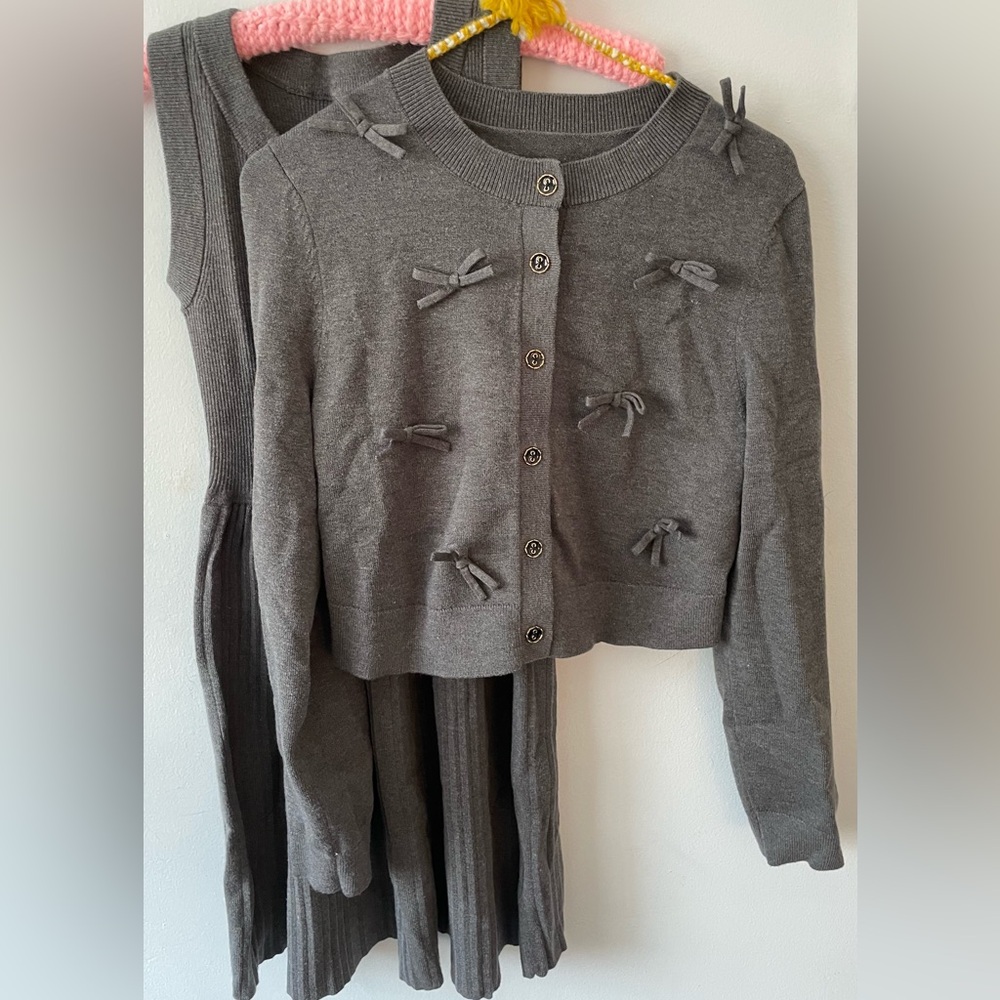 Kuose Midi Dress Cardigan Knit Set with Bow-Detail